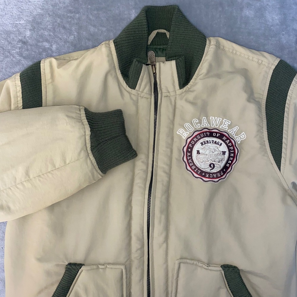 Rocawear Kids Bomber Jacket Beige Green Zip Up Patch Logo Size M